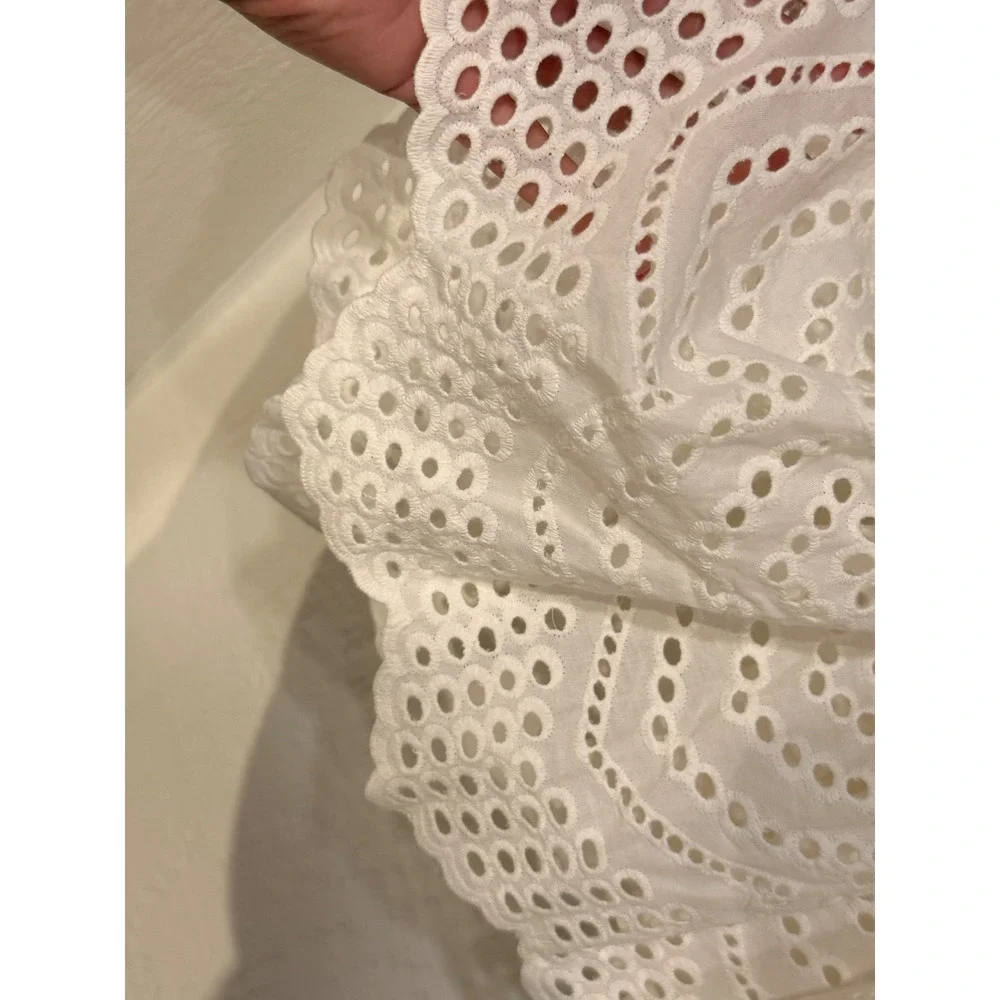 White Eyelet Lace 2 Piece‎ Set Long Sleeve Button Back Top & Tiered Mini Skirt